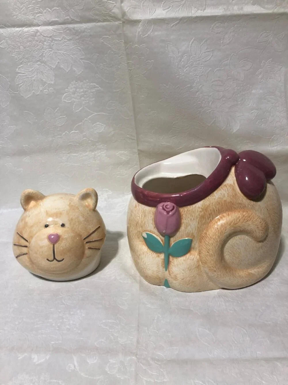 Vintage Treasure Craft Ginger Cat Cookie Jar w/ Flower by Susan Marie